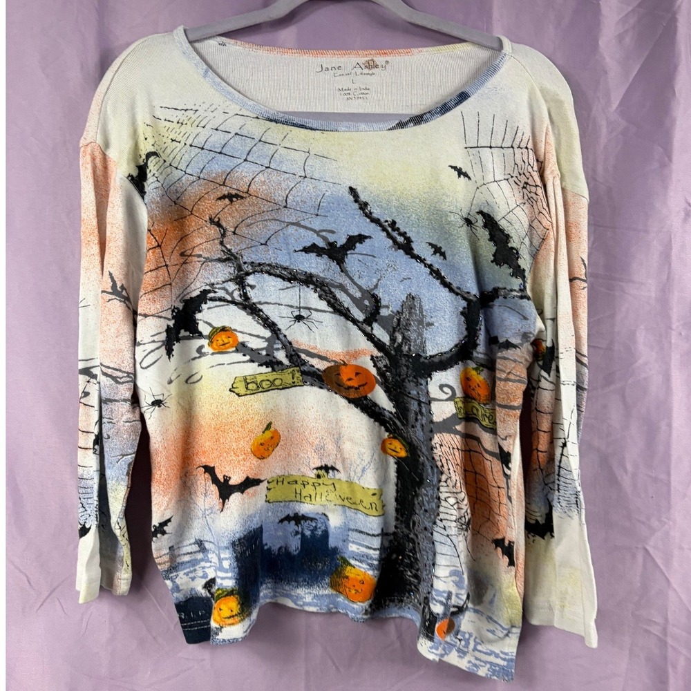 Jane Ashley Halloween Beaded Graphic Top Large Cotton Rib Knit Spooky Tree Bats